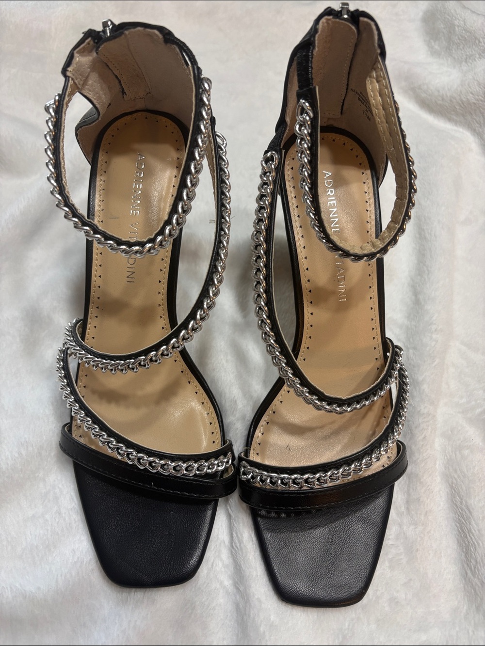 Adrienne Vittadini Black Sandals with Silver Chain Straps